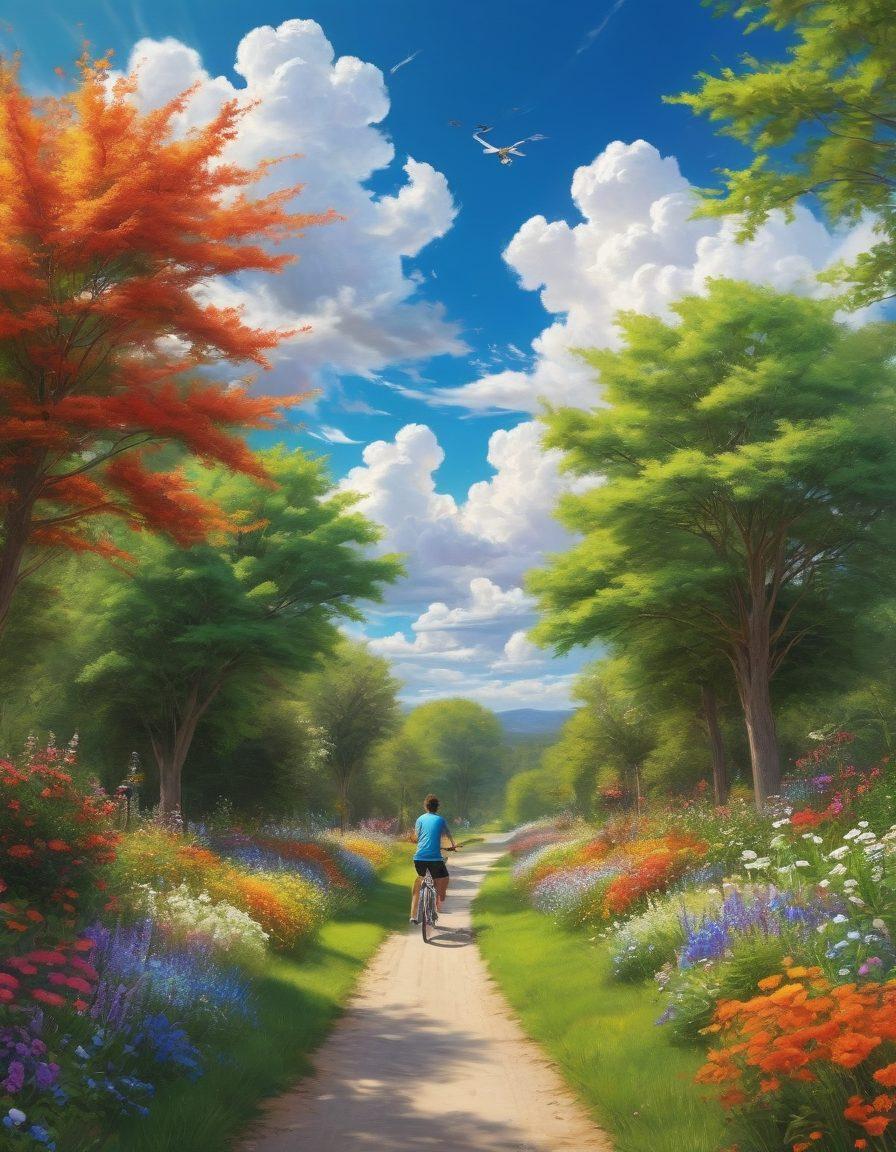 A vibrant scene of teenagers enjoying outdoor activities, such as biking and laughing in a sunlit park filled with colorful flowers and trees, symbolizing joy and well-being. Include elements like art supplies, musical instruments, and playful pets to highlight creativity and exuberance. The sky is bright blue with fluffy clouds, enhancing the cheerful atmosphere. super-realistic. vibrant colors. 3D.