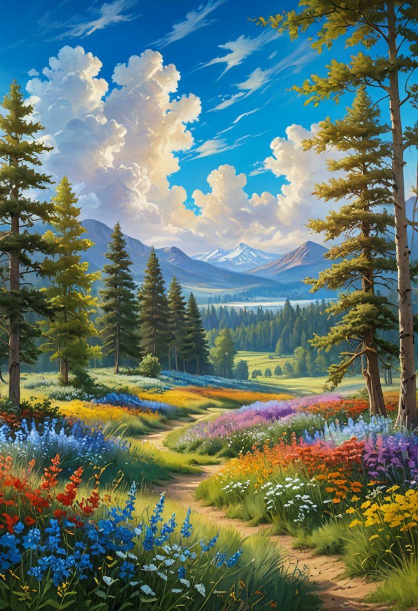 A serene landscape featuring a lush meadow filled with colorful wildflowers, where people of diverse backgrounds are joyfully engaging in creative activities like painting, dancing, and playing instruments. Above them, a bright blue sky with fluffy white clouds symbolizes the carefree vibe. Soft sunlight bathes the scene in warmth, evoking a sense of contentment and positivity. super-realistic. vibrant colors. dreamy atmosphere.
