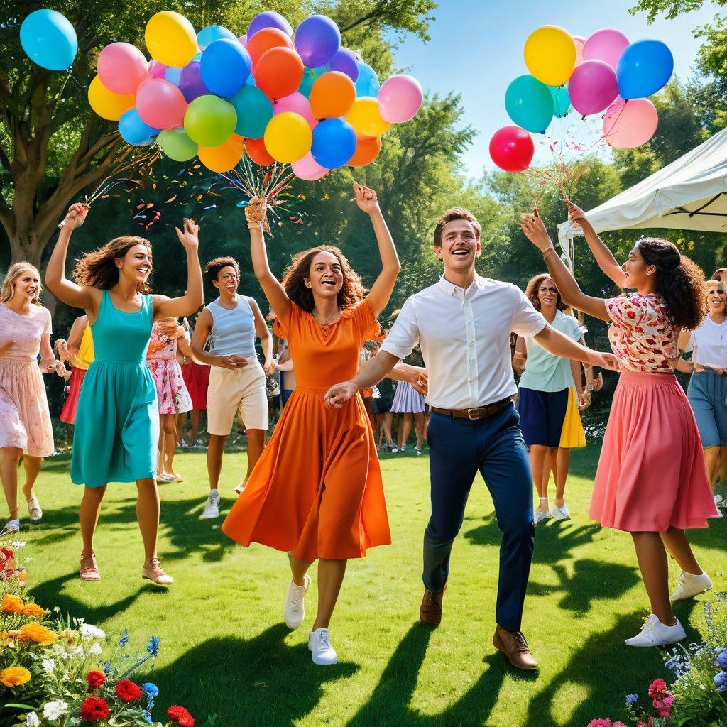 A bright, sunlit scene depicting a group of diverse, smiling individuals engaging in fun outdoor activities like dancing, painting, and playing games, surrounded by colorful flowers and lush greenery. Include elements like balloons, confetti, and vibrant accents that radiate joy and energy. Emphasize a warm, inviting atmosphere that conveys a sense of youthfulness and cheer. super-realistic. vibrant colors. 3D.